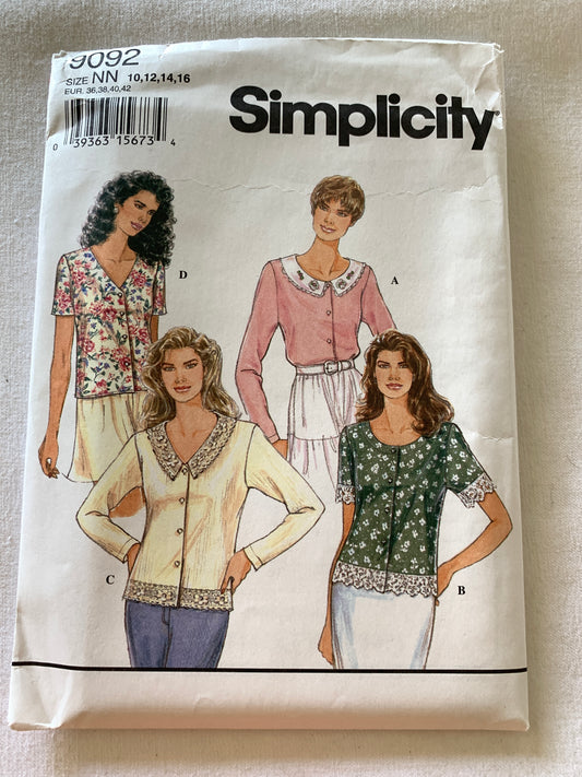 Simplicity Sewing Pattern 9092 Misses' Blouses, Button Front, Long/Short Sleeves, 4 Variations, Size 10-16, Uncut, Vintage 1994