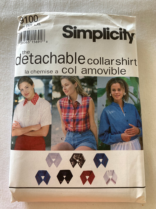 Simplicity Sewing Pattern 9100 Misses' Blouses, Button Front, Transfers, Long/Short Sleeves, Sleeveless, Detachable Collar, 3 Variations, Size 18-24, Uncut, Vintage 1994