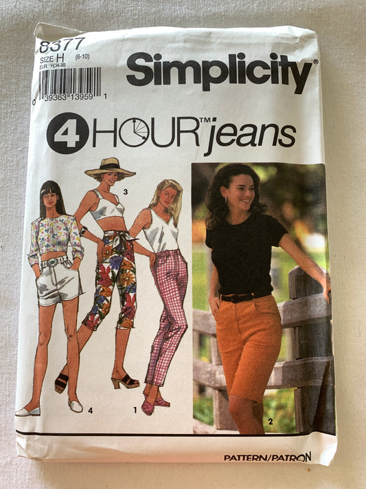 Simplicity Sewing Pattern 8377 Misses' Jeans, Fly Zipper, Pockets, 4 Lengths,Semi-Fitted, Capri, Shorts, Size 6-10, Uncut, Vintage 1993