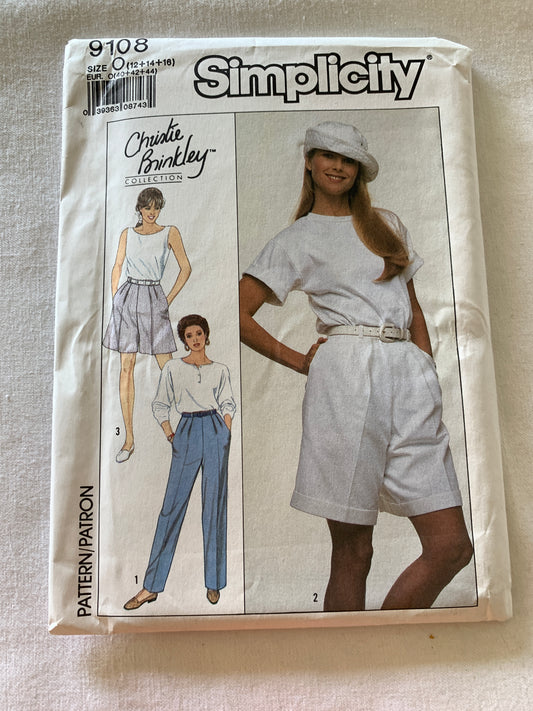 Simplicity Sewing Pattern 9108 Misses' Pants, Shorts, Pleated, Pockets, Size 12-16, Uncut, Vintage 1989