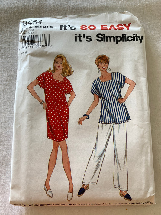 Simplicity Sewing Pattern 9454 Misses' Mini Dress, Top, Pants, Short Sleeves, Elastic Waist, Size 6-24, Uncut, Vintage 1995