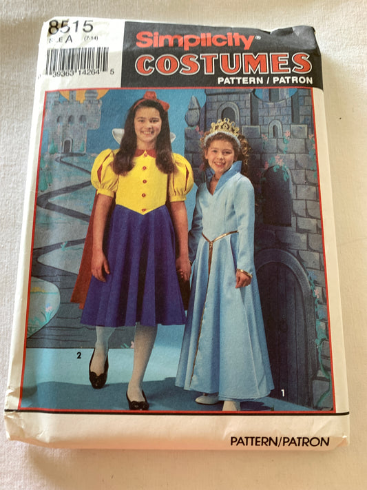 Simplicity Sewing Pattern 8515 Girls' Snow White, Cinderella, Costume, Dress, Short Sleeves, Cape, Zipper Back, Halloween, Dress-Up, Size 7-14, Uncut, Vintage 1993