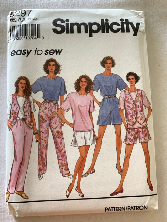Simplicity Sewing Pattern 8297 Misses' Pants, Shorts, Top, Lined Vest, Elastic Waist, Pockets, Size 6-16, Uncut, Vintage 1993