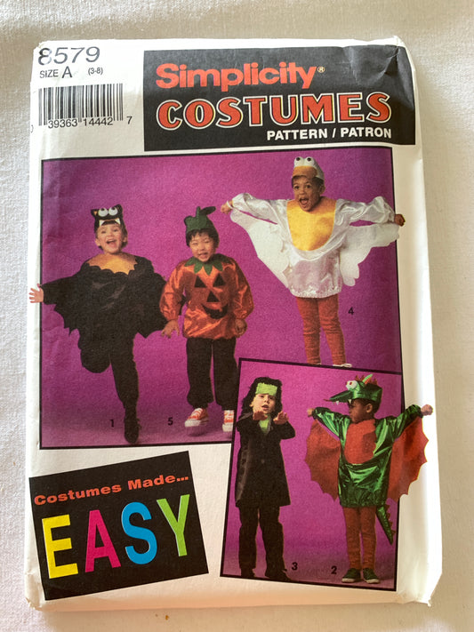 Simplicity Sewing Pattern 8579, Boy's, Costumes, Halloween, Duck, Bat, Pumpkin, Monster, Dragon, Size 3-8, Uncut, Vintage 1993