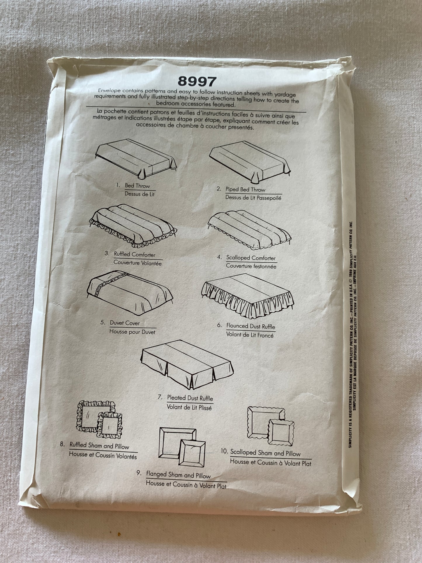 Simplicity Sewing Pattern 8997 Crafts, 10 Bedcovers, Flounce, Tuck In, Throw, Dust Ruffle, Uncut, Vintage 1989