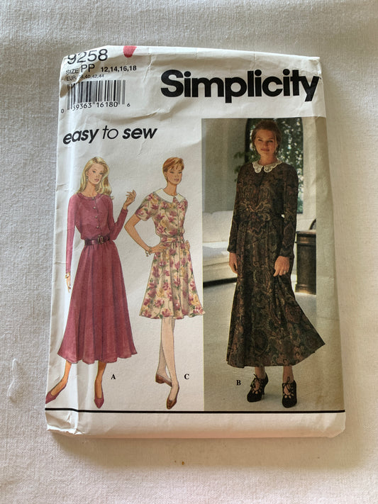 Simplicity Sewing Pattern 9258 Misses'/Miss Petite Dress, Two Lengths, Long/Short Sleeves, Pullover, Elastic Waist, Size 12-18, Uncut, Vintage 1994