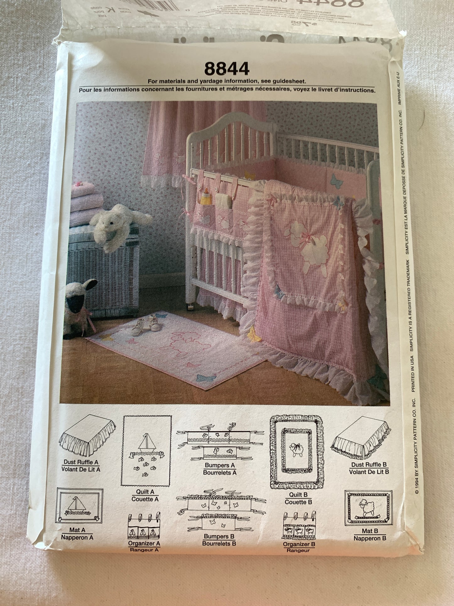 Simplicity Sewing Pattern 8844 Crafts, Layette, Nursery, Quilt, Pillow, Dust Ruffle, Bumper, 10 Variations, Uncut, 2007