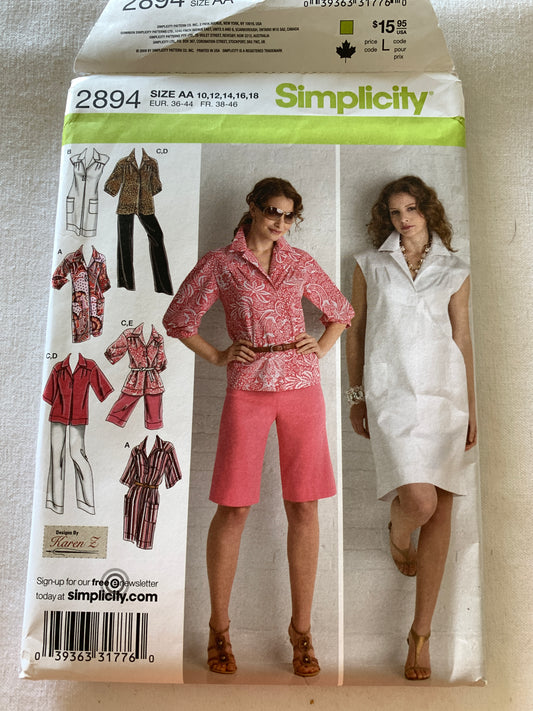 Simplicity Sewing Pattern 2894 Misses' Shorts, Dress, Top, Tunic, Pants, Short Sleeves, Size 10-18, Uncut, Vintage 2000
