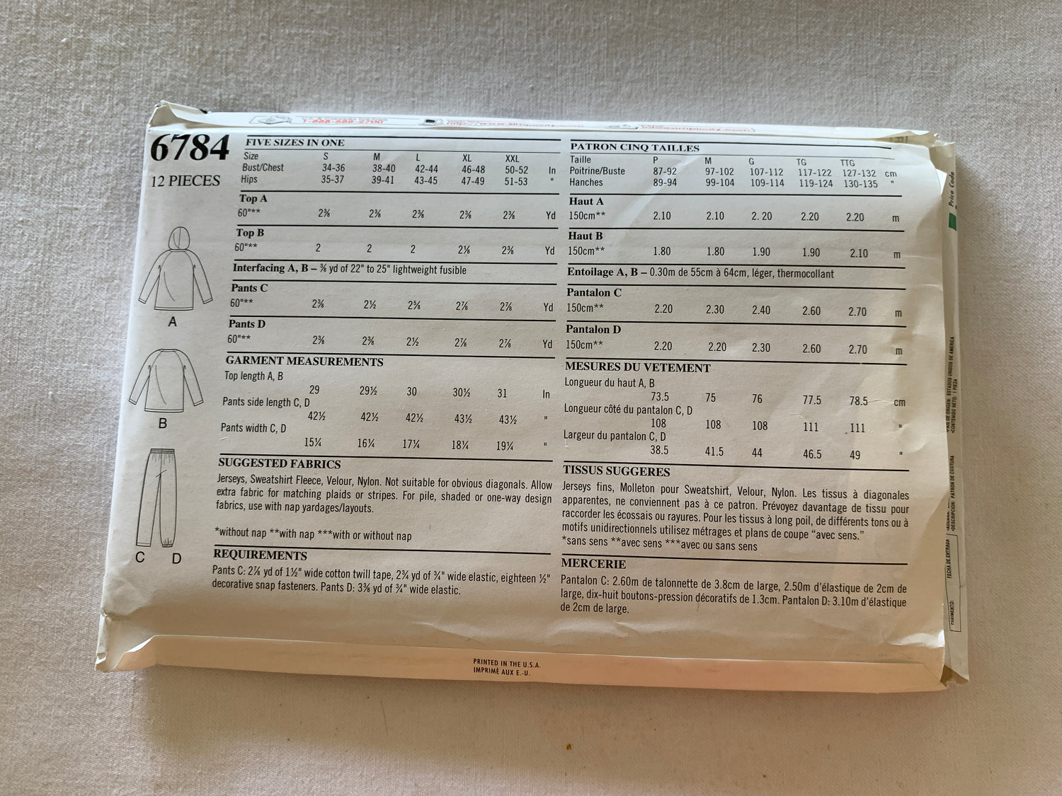 Simplicity New Look Sewing Pattern 6784 Men's/Misses' Sportswear, Jogging Suits, Top, Pants, Hoodie, Long Sleeves, Size 34-52, Uncut, 2003