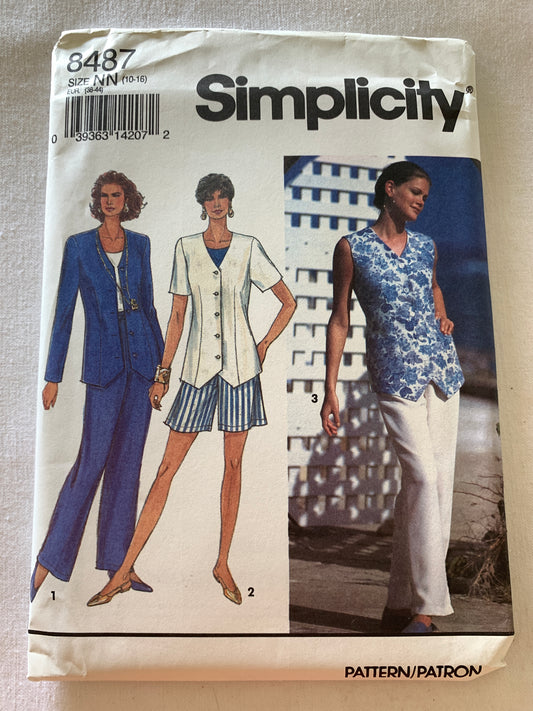 Simplicity Sewing Pattern 8487 Misses' Top, Shorts, Pants, Elastic Waist, Semi-Fitted, Button Front, Long/Short Sleeves, Size 10-16, Uncut, Vintage 1993