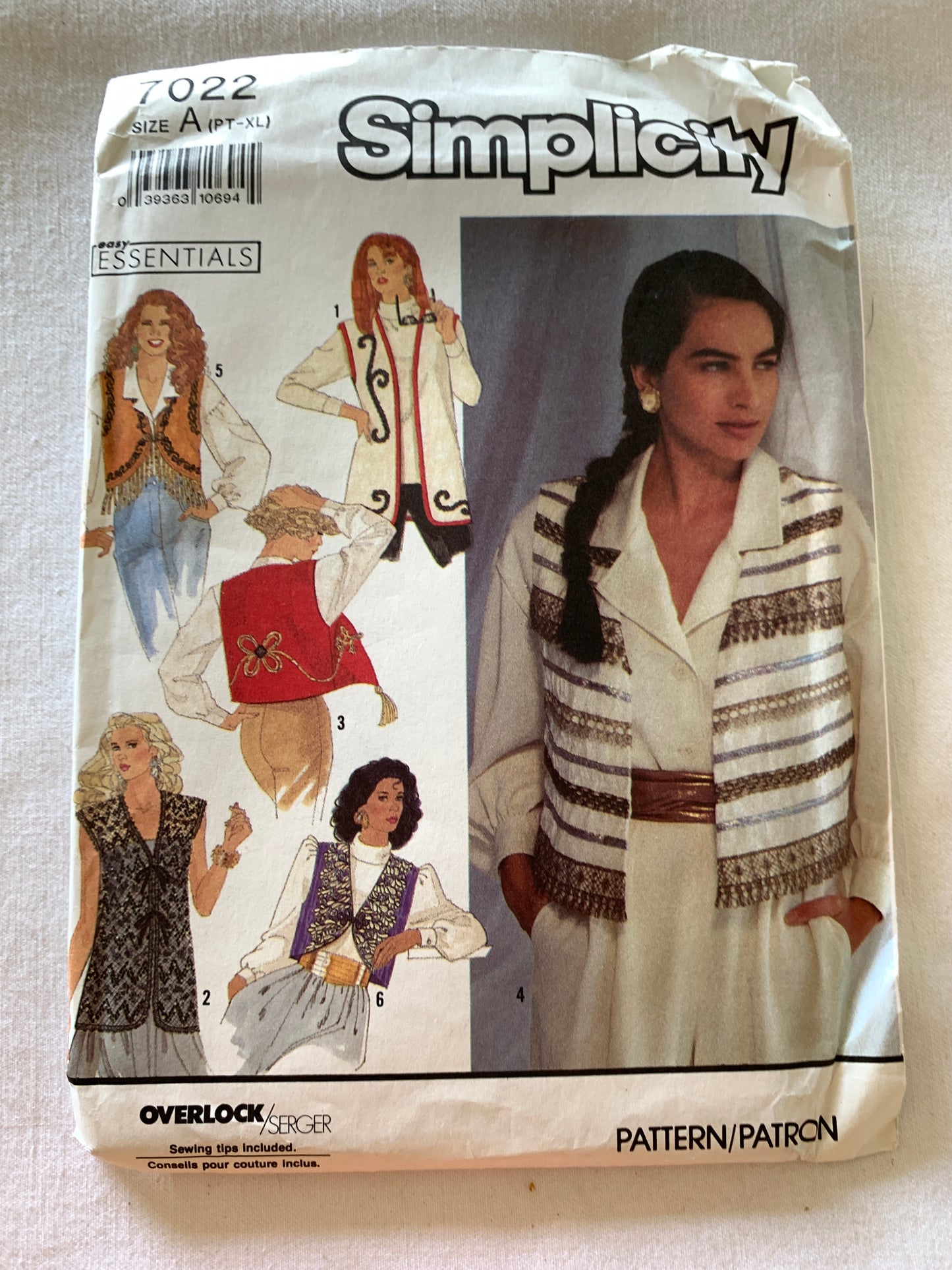 Simplicity Sewing Pattern 7022 Misses' Vest, 6 Variations, Sleeveless, Tie Front, Bolero, Size 6-24, Uncut, Vintage 1993