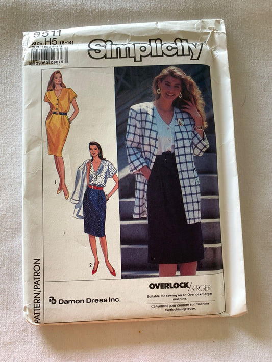 Simplicity Sewing Pattern 9511 Misses'/Miss Petite Dress, Unlined Jacket, Long/Short Sleeves, Pockets, Pleats, Loose-Fitting, Size 6-14, Uncut, Vintage 1989
