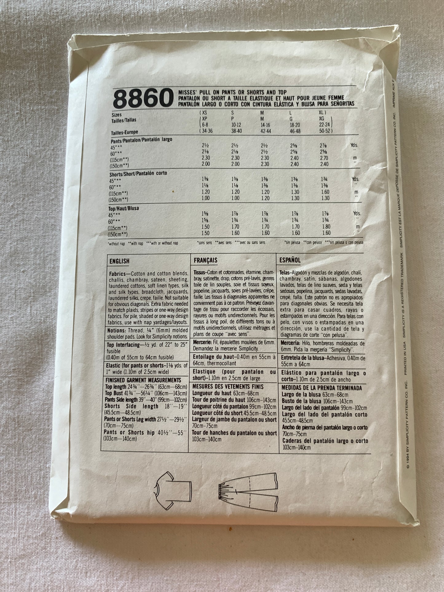 Simplicity Sewing Pattern 8860 Misses' Top, Shorts, Pants, Elastic Waist, Semi-Fitted, Short Sleeves, Size 6-24, Uncut, Vintage 1994