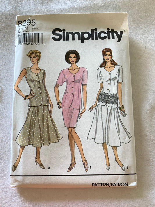 Simplicity Sewing Pattern 8295 Misses' Top, Skirt, Two Piece Dress, Belt, Flared, Button Front, Short Sleeves, Size 10-14, Uncut, Vintage 1993