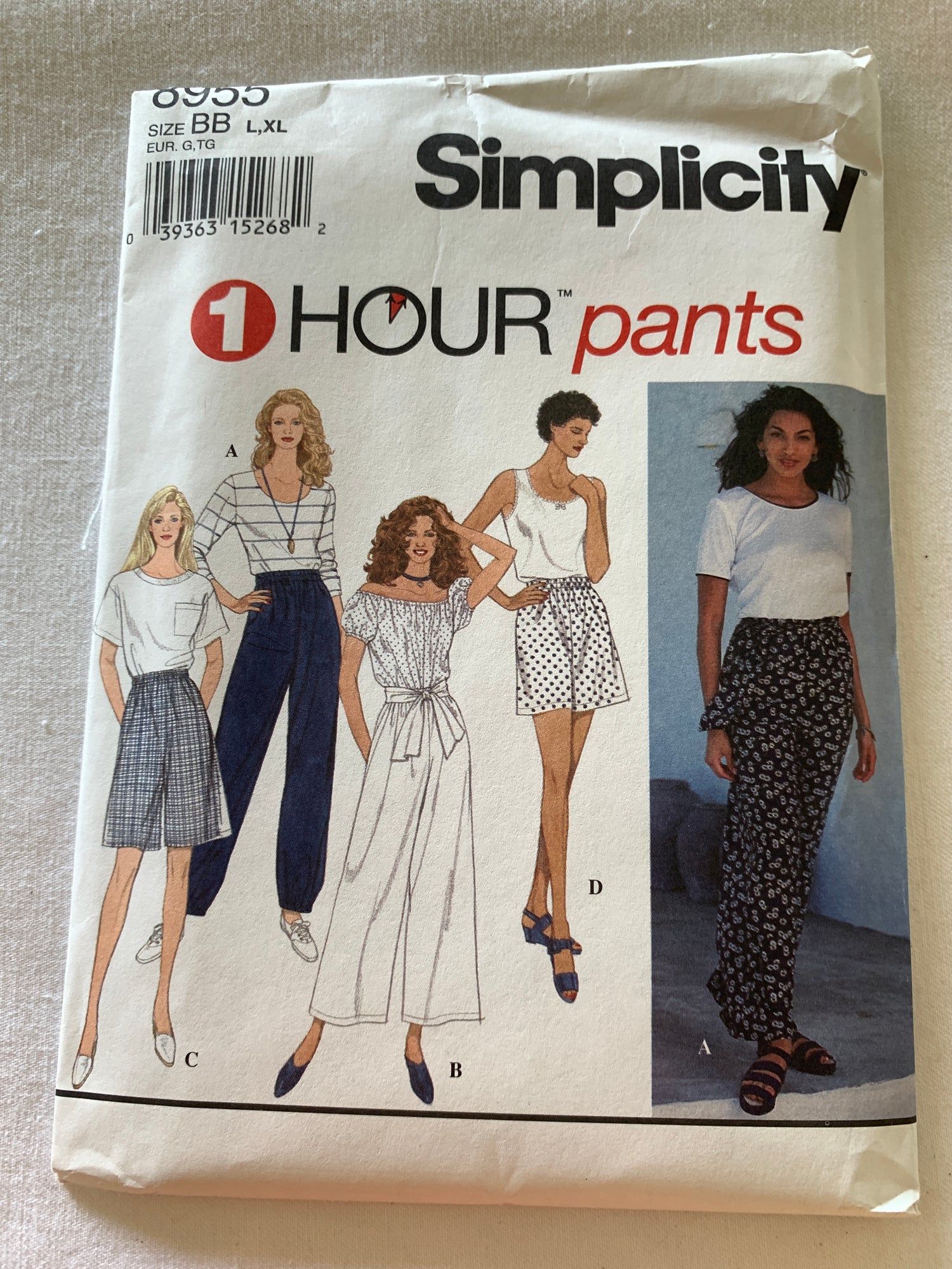 Simplicity Sewing Pattern 8955 Misses' Pull-On Pants, 4 Lengths, Sash, Size 18-24, Uncut, Vintage 1994