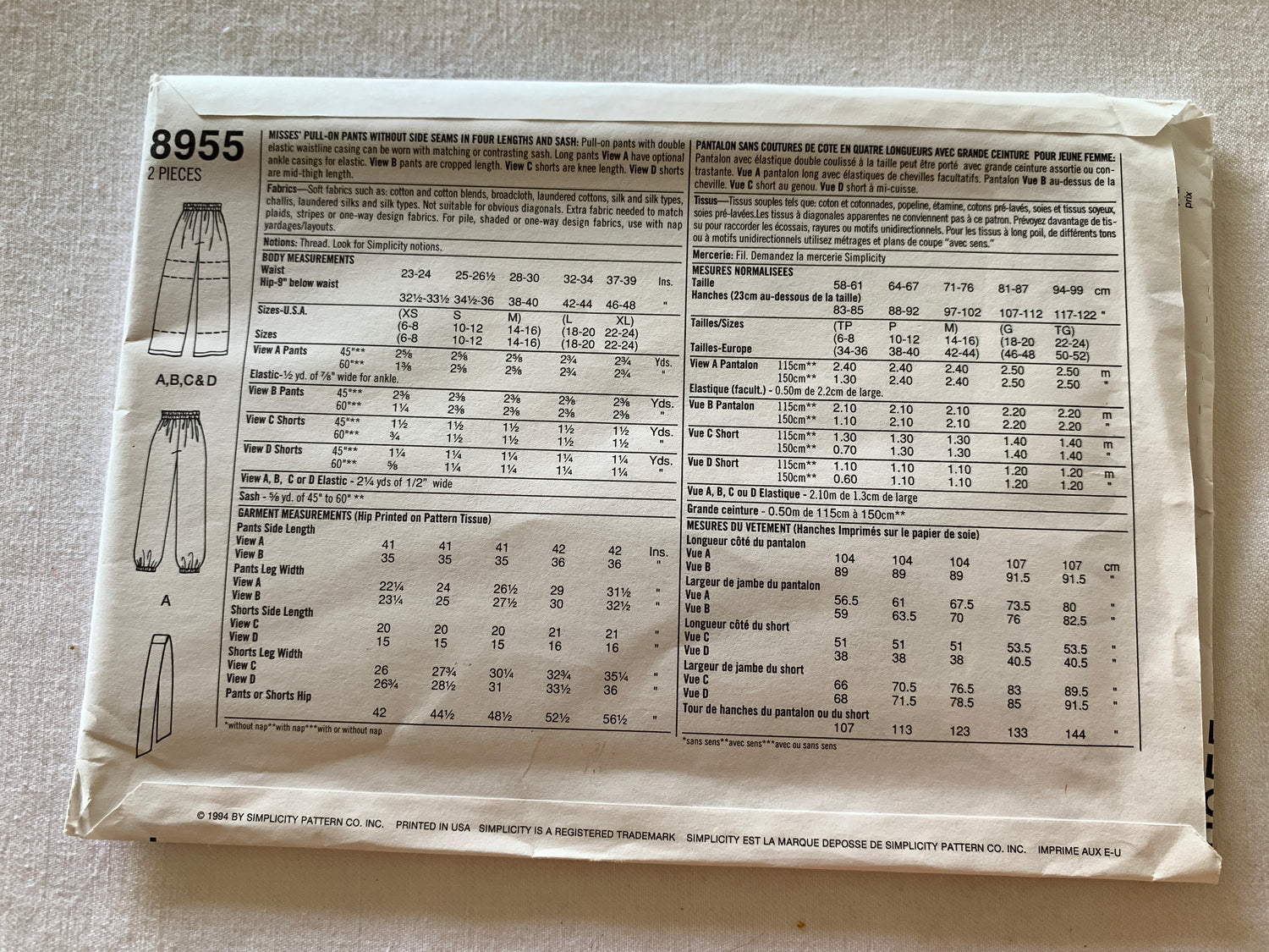 Simplicity Sewing Pattern 8955 Misses' Pull-On Pants, 4 Lengths, Sash, Size 18-24, Uncut, Vintage 1994