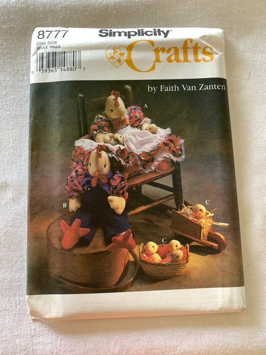 Simplicity Craft Sewing Pattern 8777 22"  Stuffed Chicken, Chicks, Doll, Clothes, Dress, Pantaloons, Collar, Overalls, Pants, Uncut, Vintage 1994
