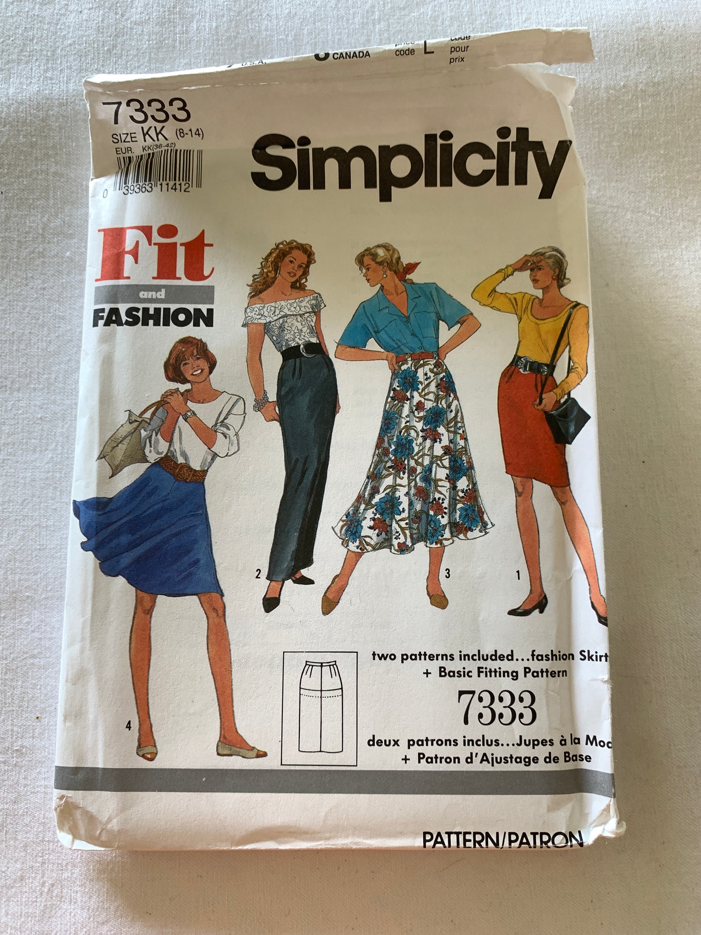 Simplicity Sewing Pattern 7333 Misses' Skirt, Slim, Flared, Two Lengths, Zipper back, 4 Variations, Size 8-14, Uncut, Vintage 1991