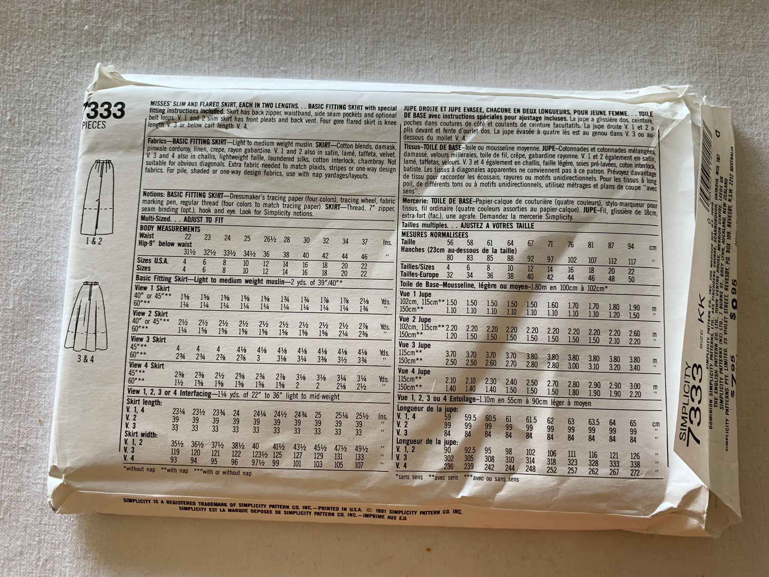 Simplicity Sewing Pattern 7333 Misses' Skirt, Slim, Flared, Two Lengths, Zipper back, 4 Variations, Size 8-14, Uncut, Vintage 1991