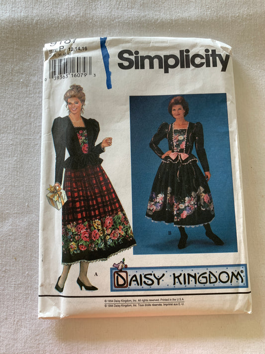 Simplicity Daisy Kingdom Sewing Pattern 9187 Misses' Dress, Long Sleeves, Zipper Back, Tie Back, Full Skirt, Size 12-16, Uncut, Vintage 1994