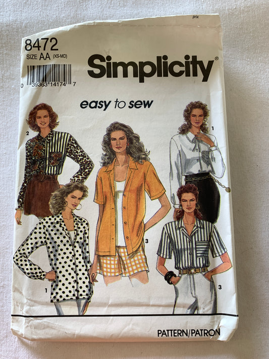 Simplicity Sewing Pattern 8472 Misses' Blouses, Button Front, Long/Short Sleeves, 3 Variations, Size 6-16, Uncut, Vintage 1993
