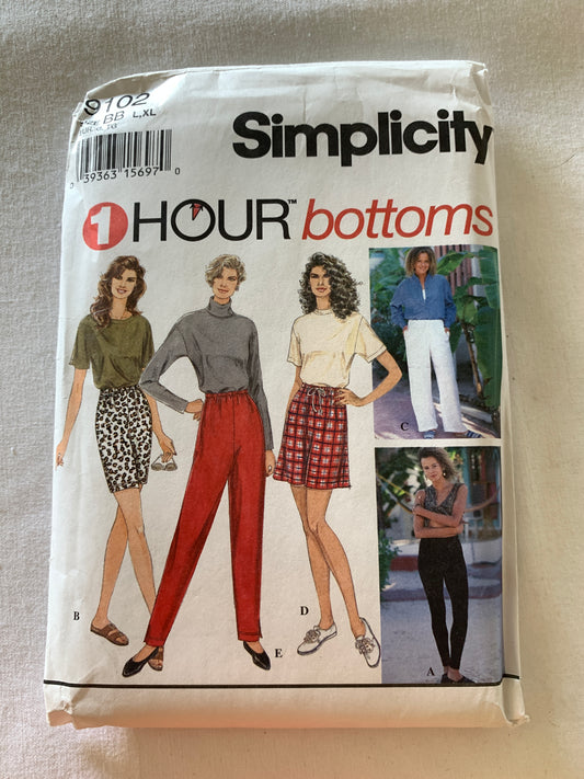 Simplicity Sewing Pattern 9102 Misses' Pants, Shorts, Leggings, Stretch Knit, Elastic Waist, Size 18-24, Uncut, Vintage 1994