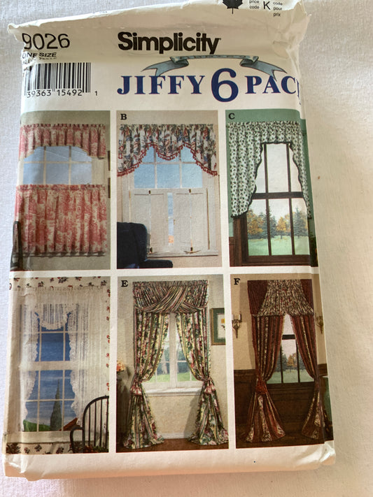 Simplicity Sewing Pattern 9026 Jiffy  Window Coverings, Curtains, Drapes, 6 Variations, Uncut, Vintage 1992