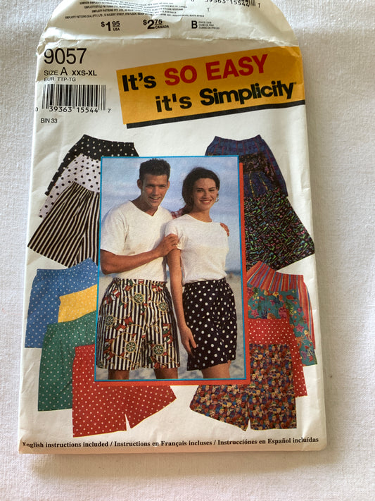 Simplicity Sewing Pattern 9057 Men's/Misses'/Teens' Shorts, Elastic Waist, Pockets, Pull-On, Size XXS-XXL, Uncut, Vintage 1994