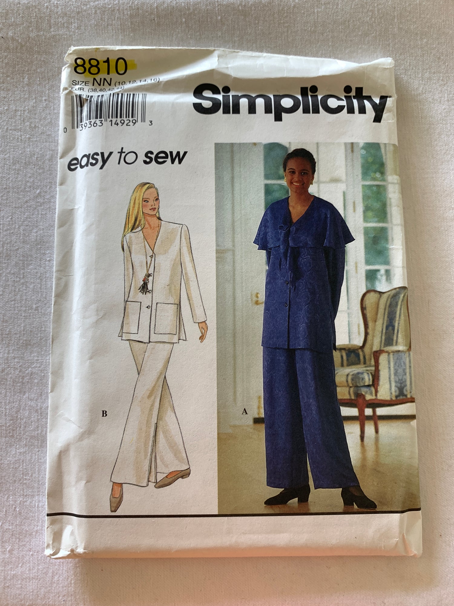 Simplicity Sewing Pattern 8810 Misses' Unlined Jacket, Pants, Long Sleeves, Wide Leg, Pockets, Size 10-16, Uncut, Vintage 1994