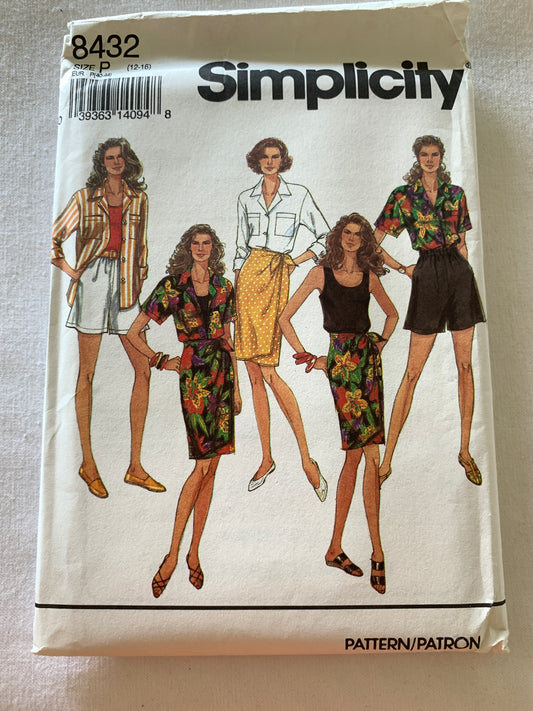 Simplicity Sewing Pattern 8432 Misses' Shirt, Shorts, Sarong Skirt, Tank Top, Pockets, Size 12-16, Uncut, Vintage 1993