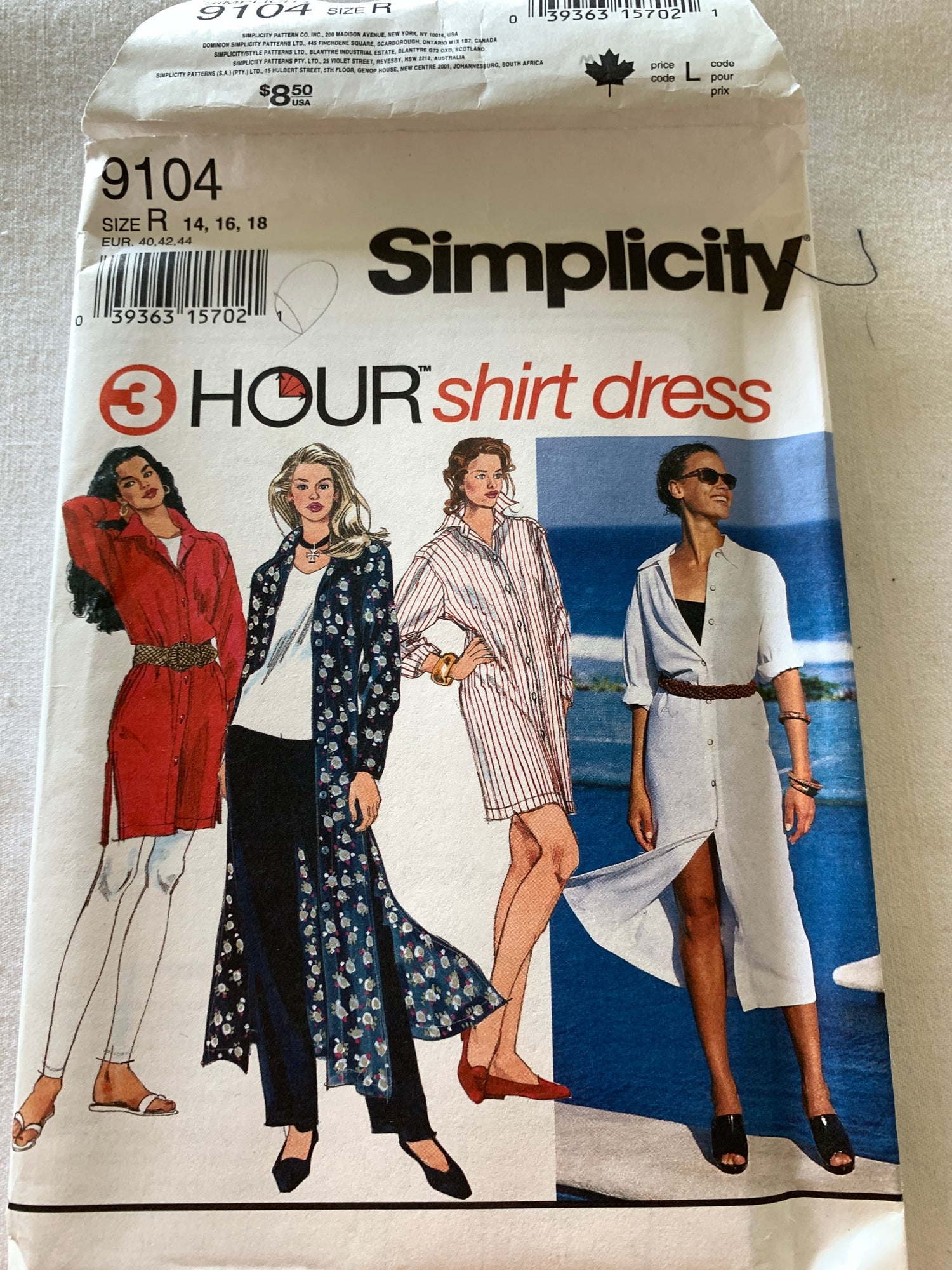 Simplicity Sewing Pattern 9104 Misses'/Miss Petites Mini Dress, Tunic, Long Sleeves, Two Lengths, Button Front, Size 14-18, Uncut, Vintage 1994