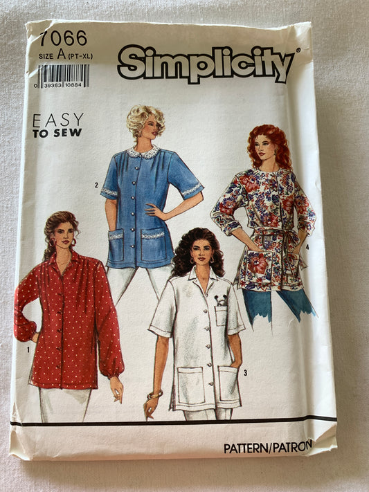 Simplicity Sewing Pattern 7066 Misses' Tunic, Smocks, Tie Belt, Long/Short Sleeves, Button Front, Size 6-24, Uncut, Vintage 1990