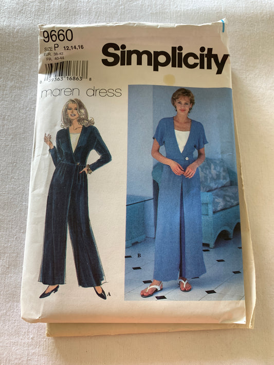 Simplicity Sewing Pattern 9660 Misses' Jumpsuit, Loose-Fitting, Long/Short Kimono Sleeves, Button Front, Sizes 12-16, Uncut, Vintage 1995