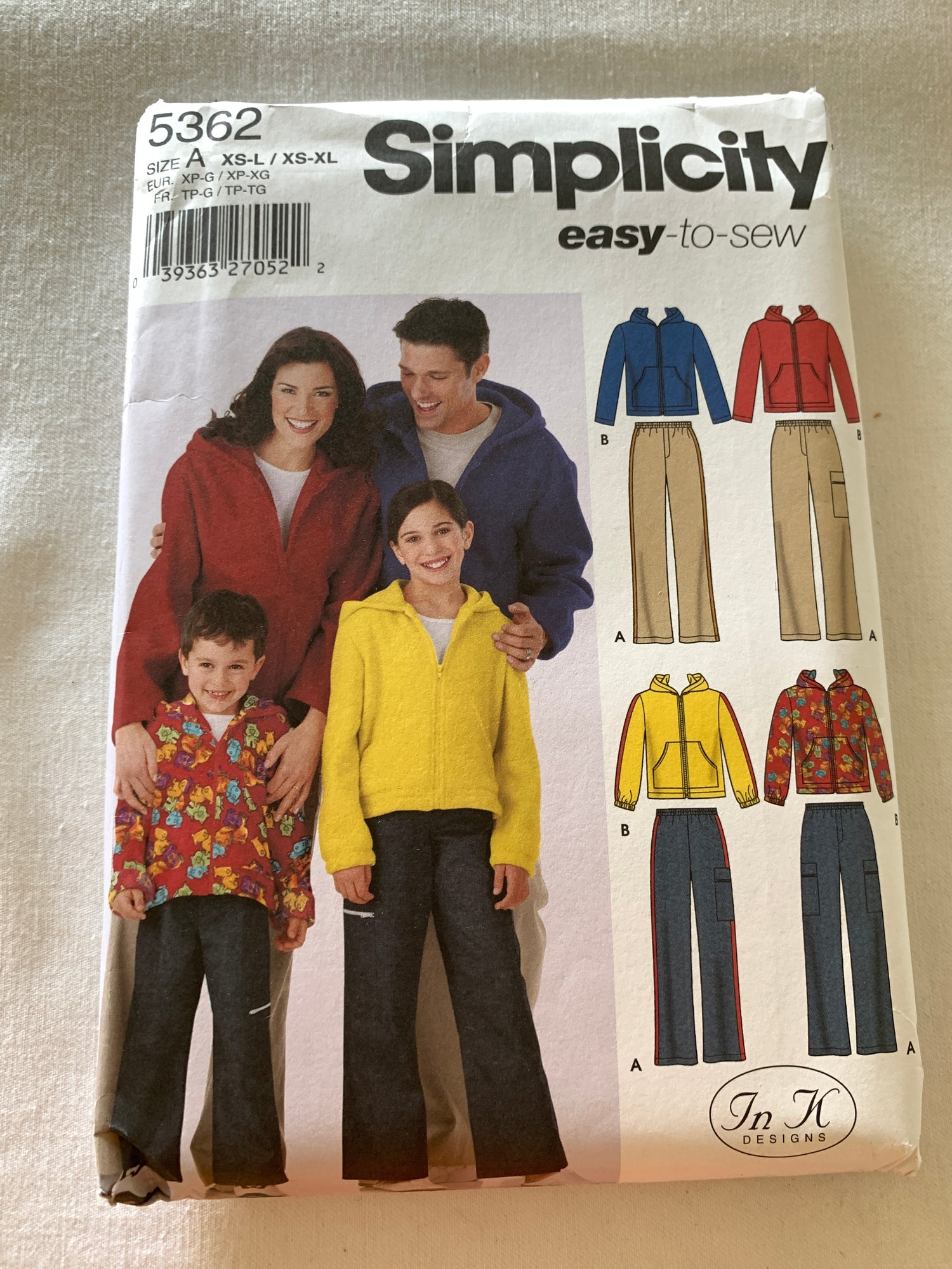 Simplicity Sewing Pattern 5362 Misses'/Men's/Boys'/Girls' Hooded Sweatshirt, Pants, Zipper Front, Pull-On, Adult Size 30-48 Chest, Child Size 23-32 Chest, Uncut, Vintage 1991