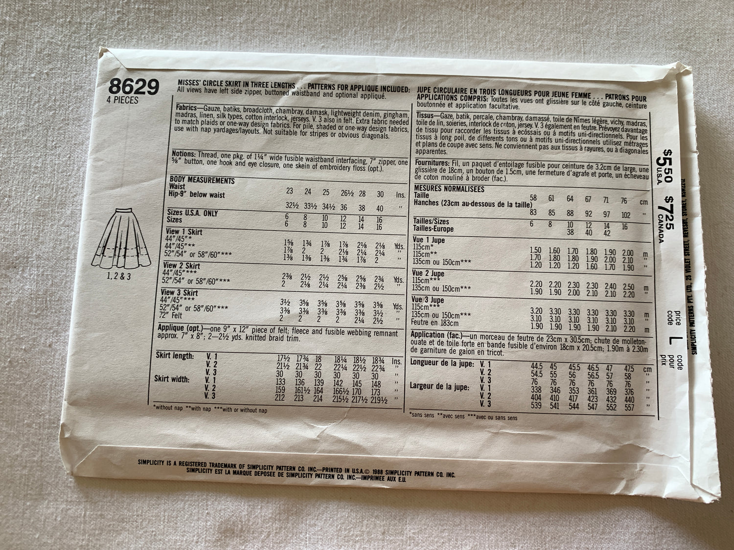 Simplicity Sewing Pattern 8629 Misses' Circle Skirts, 3 Lengths, Side Zipper, Size 10-14, Uncut, Vintage 1988