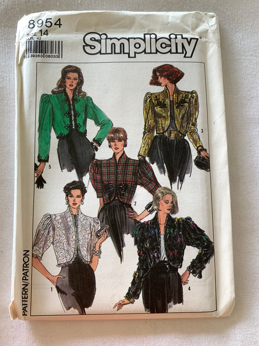 Simplicity Sewing Pattern 8954 Misses' Bolero, Lined Jacket,  Long/Short Sleeves, Frog Closure, 5 Variations, Size 14, Uncut, Vintage 1989