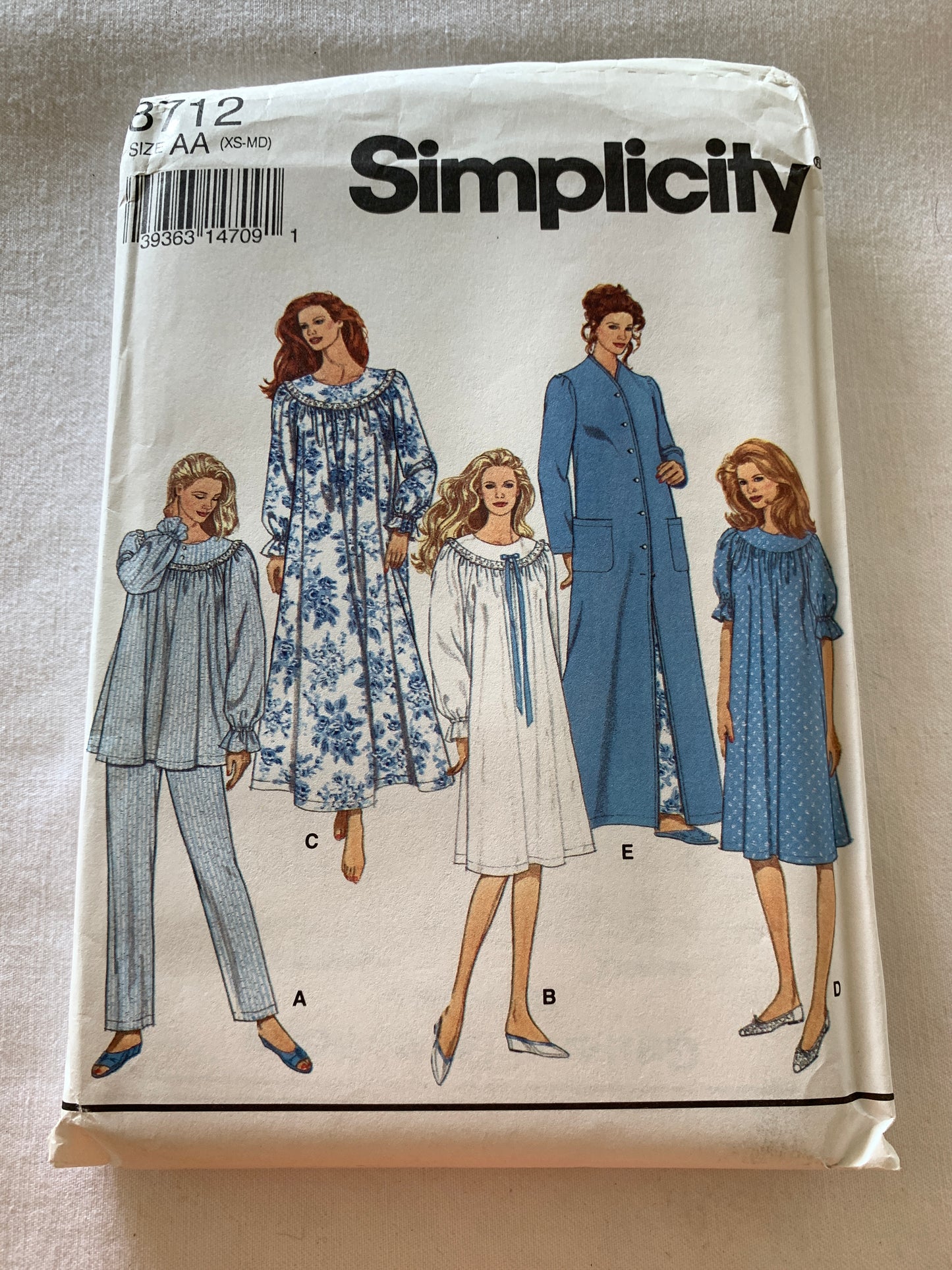 Simplicity Sewing Pattern 8712 Misses' Pants, Robe, Elastic Waist, Sleepwear, Pajamas, Nightgown, Two Lengths, Size 6-16, Uncut, Vintage 1993