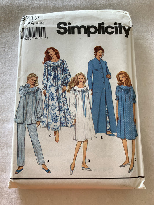 Simplicity Sewing Pattern 8712 Misses' Pants, Robe, Elastic Waist, Sleepwear, Pajamas, Nightgown, Two Lengths, Size 6-16, Uncut, Vintage 1993