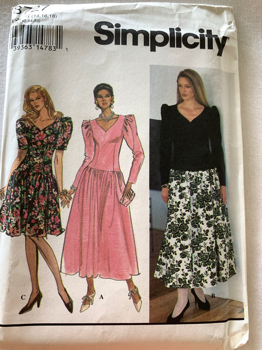 Simplicity Sewing Pattern 8727 Misses'/Miss Petite Dress, Two Lengths, Long/Short Sleeves, Zipper Back, Tie Back, Size 14-18, Uncut, Vintage 1993