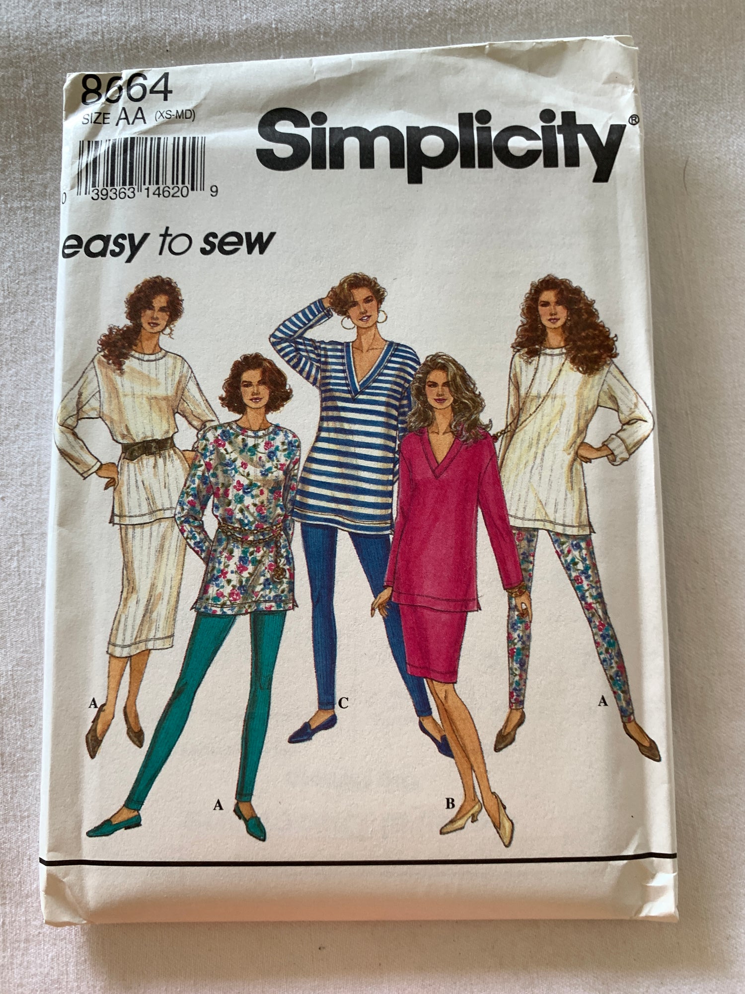 Simplicity Sewing Pattern 8664 Misses' Skirt, Leggings, Elastic Waist, Oversized Tops, Two Lengths, Long Sleeves, Stretch Knit, Size 6-16, Uncut, Vintage 1993