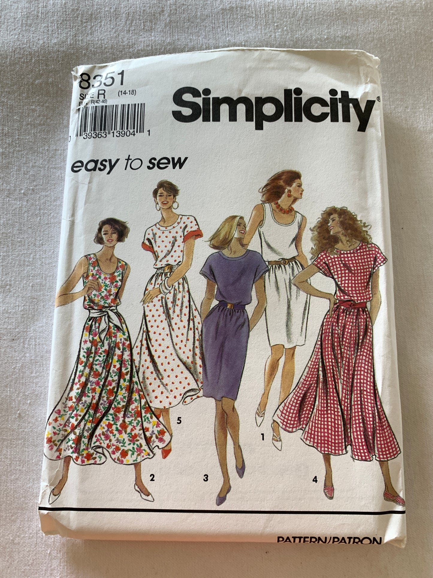 Simplicity Sewing Pattern 8351 Misses'/Miss Petite Dresses, Slim, Flared Skirt, Pullover, Pockets, Long Kimono Sleeves, Size 14-18, Uncut, Vintage 1993