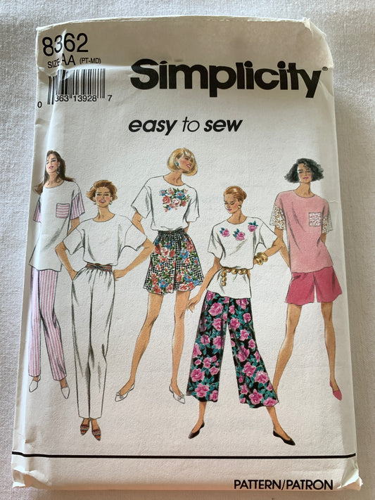Simplicity Sewing Pattern 8362 Misses' Split Skirt, Two Lengths, Pants, Top, Short Sleeves, Size 6-16, Uncut, Vintage 1993