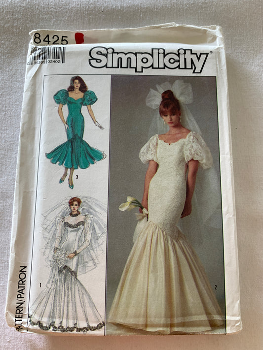 Simplicity Sewing Pattern 8425 Misses'/Miss Petite Lined Bridal/Wedding Gowns, Bridesmaids' Dress, Floor Length, Fitted, Long/Short Sleeves, Size 6-8, Uncut, Vintage 1987
