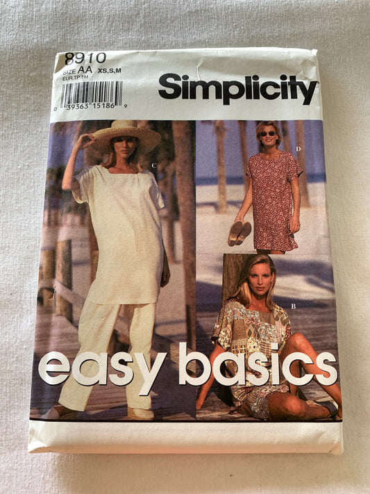 Simplicity Sewing Pattern 8910 Misses' Mini Dress, Top, Pants, Shorts, Tunic, Pockets, Long/Short Kimono Sleeves, Size 6-16, Uncut, Vintage 1994