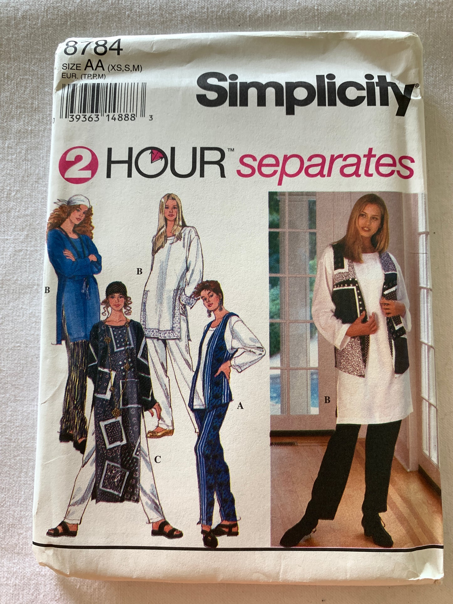 Simplicity Sewing Pattern 8784 Misses' Tunic, Three Lengths, Pants, Lined Vest, Pockets, Size 6-16, Uncut, Vintage 1994