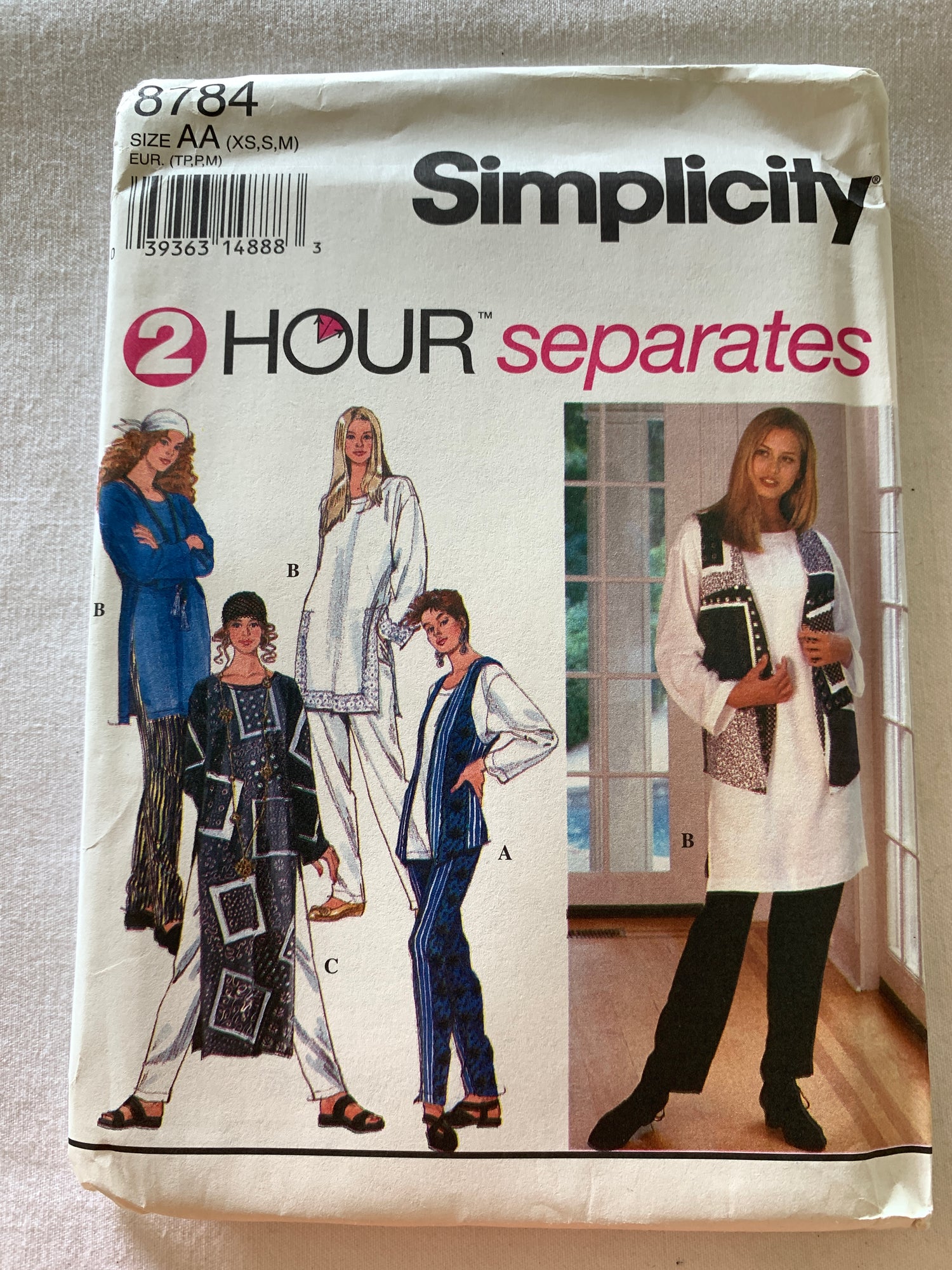 Simplicity Sewing Pattern 8784 Misses' Tunic, Three Lengths, Pants, Lined Vest, Pockets, Size 6-16, Uncut, Vintage 1994
