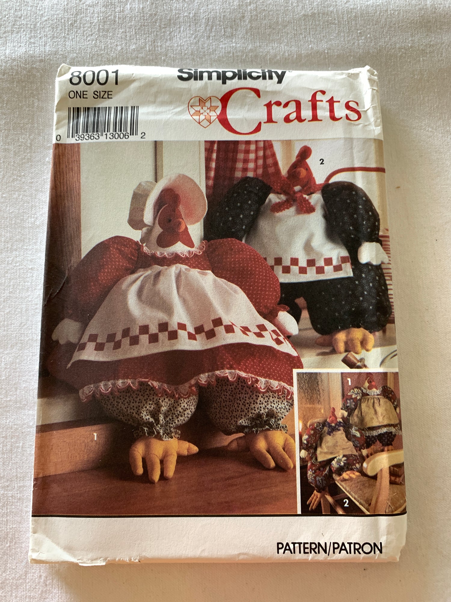 Simplicity Craft Sewing Pattern 8001 Stuffed Hen, Rooster, Clothes, Dress, Pants, Apron, Bonnet, Rompers, Uncut, Vintage 1992