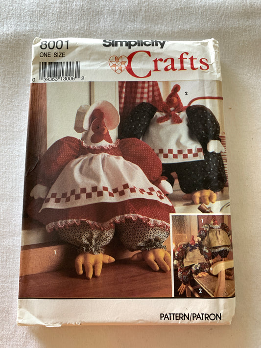 Simplicity Craft Sewing Pattern 8001 Stuffed Hen, Rooster, Clothes, Dress, Pants, Apron, Bonnet, Rompers, Uncut, Vintage 1992