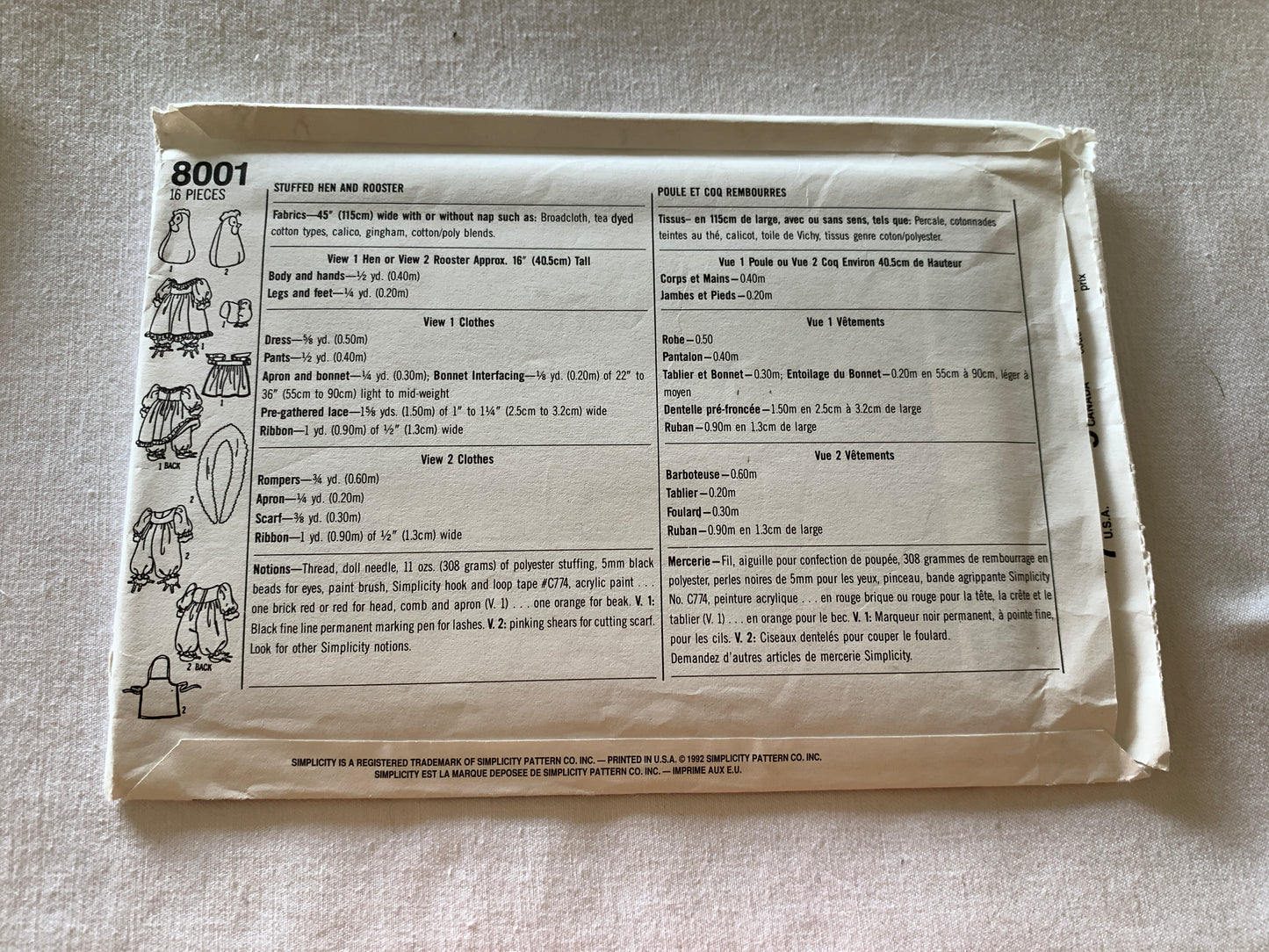 Simplicity Craft Sewing Pattern 8001 Stuffed Hen, Rooster, Clothes, Dress, Pants, Apron, Bonnet, Rompers, Uncut, Vintage 1992