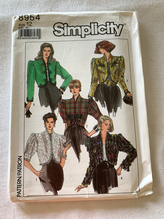 Simplicity Sewing Pattern 8954 Misses' Bolero, Lined Jacket, Long/Short Sleeves, Frog Closure, 5 Variations, Size 12, Uncut, Vintage 1989